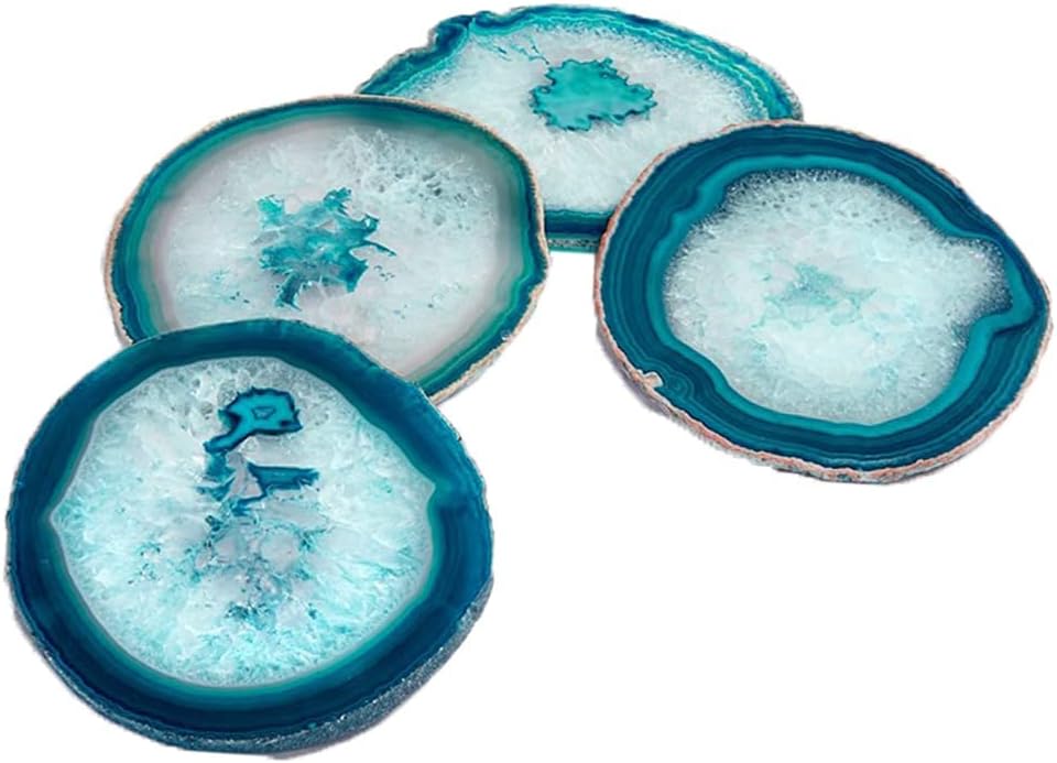 AMOYSTONE Juego de 4 posavasos de ágata verde azulado para bebidas, juego de 4 posavasos de cuarzo de cristal, rodajas de ágata con parachoques de