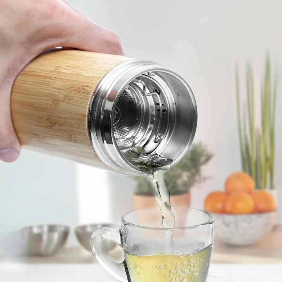 BenZen Vaso de té de bambú con colador, botella térmica de acero inoxidable con aislamiento térmico que mantiene el calor y el frío durante 12