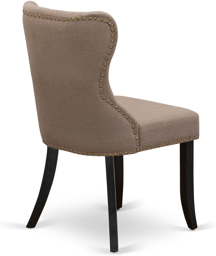 East West Furniture SIP6T48 Sion Parson – Juego de 2 sillas acolchadas de tela de lino café con botones y ribete de clavos, color negro cepillado