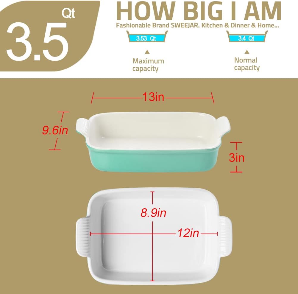 Sweejar Plato para hornear de porcelana, cacerola para horno, 13 x 9.8 pulgadas, rectangular para hornear, bandeja para lasaña profunda con asas