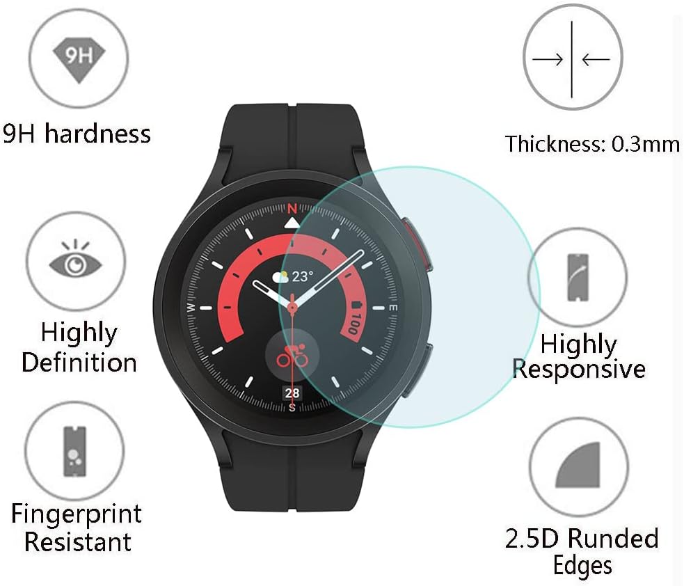 Protector de pantalla (3+2 unidades) compatible con Samsung Galaxy Watch 5 Pro de 1.772 pulgadas, película de vidrio templado antiarañazos,