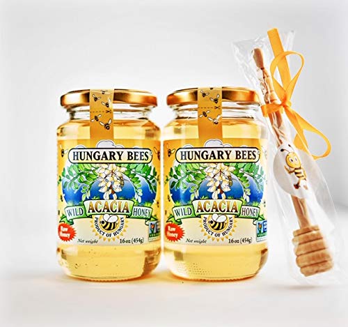 Hungary Bees Miel de acacia silvestre 16oz – Paquete de 2 con barra de miel gratis