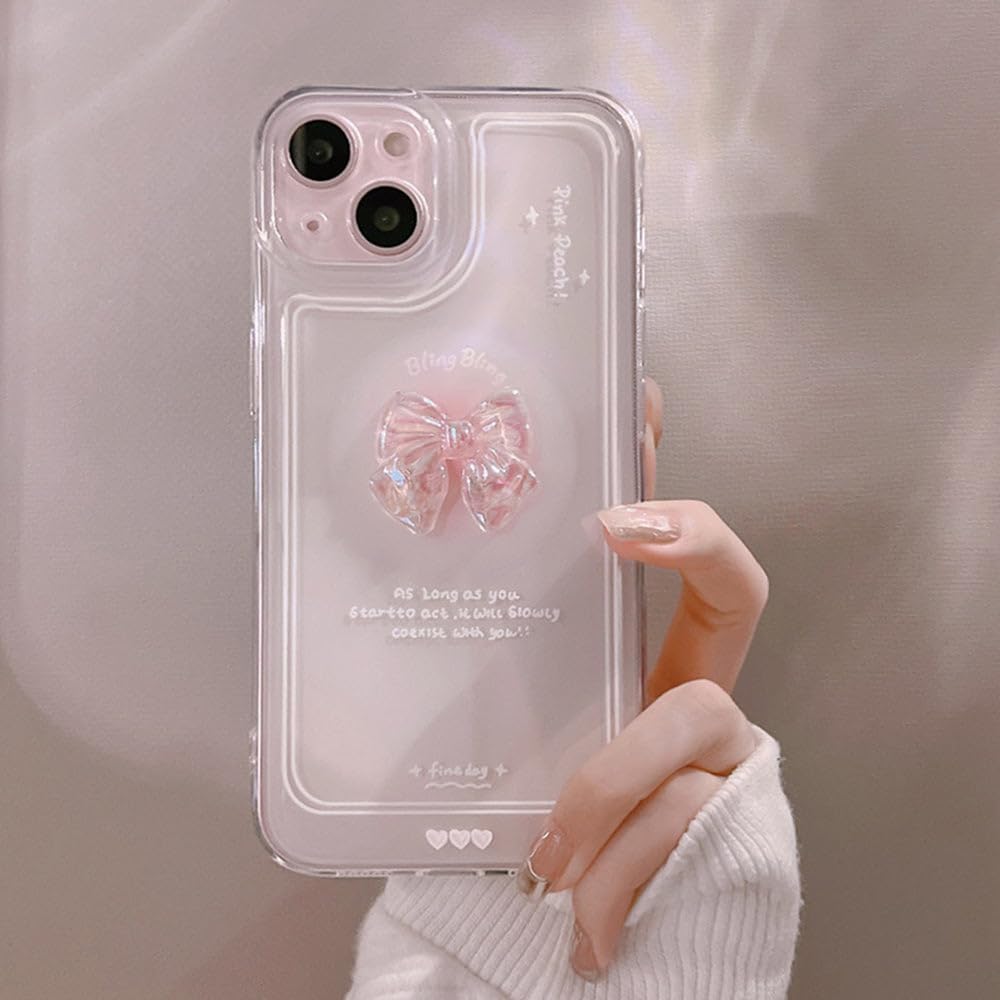 Casechics Funda compatible con iPhone, bonita funda de cristal 3D con lazo y purpurina brillante para el lente de la cámara, transparente, suave, a