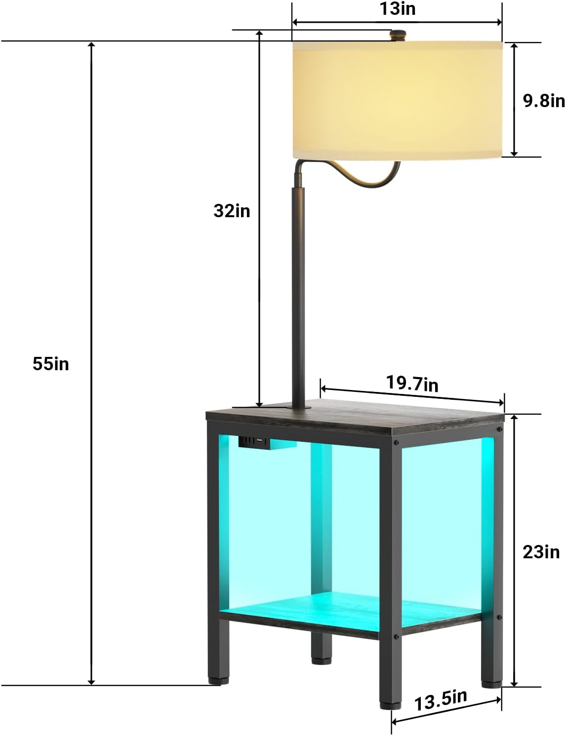 Lámpara de pie LED con mesa, mesa auxiliar con luz LED y toma de corriente, mesita de noche con lámpara, mesa auxiliar con lámpara adjunta para sala