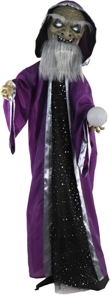 Haunted Hill Farm Asistente animatrónico parlante con movimiento y bola de cristal iluminada para decoración de Halloween con pilas para interiores
