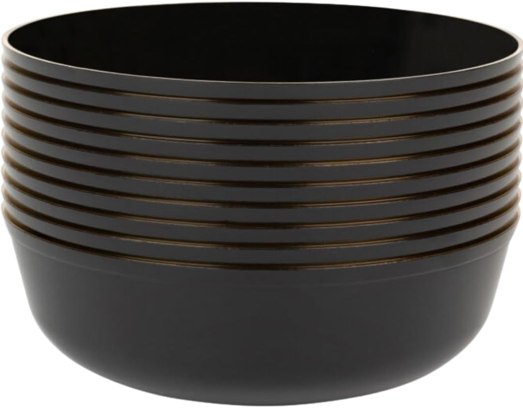 Edge – Cuencos redondos desechables de plástico negros con borde dorado, 16 onzas (10 unidades), para fiestas, eventos y ocasiones especiales
