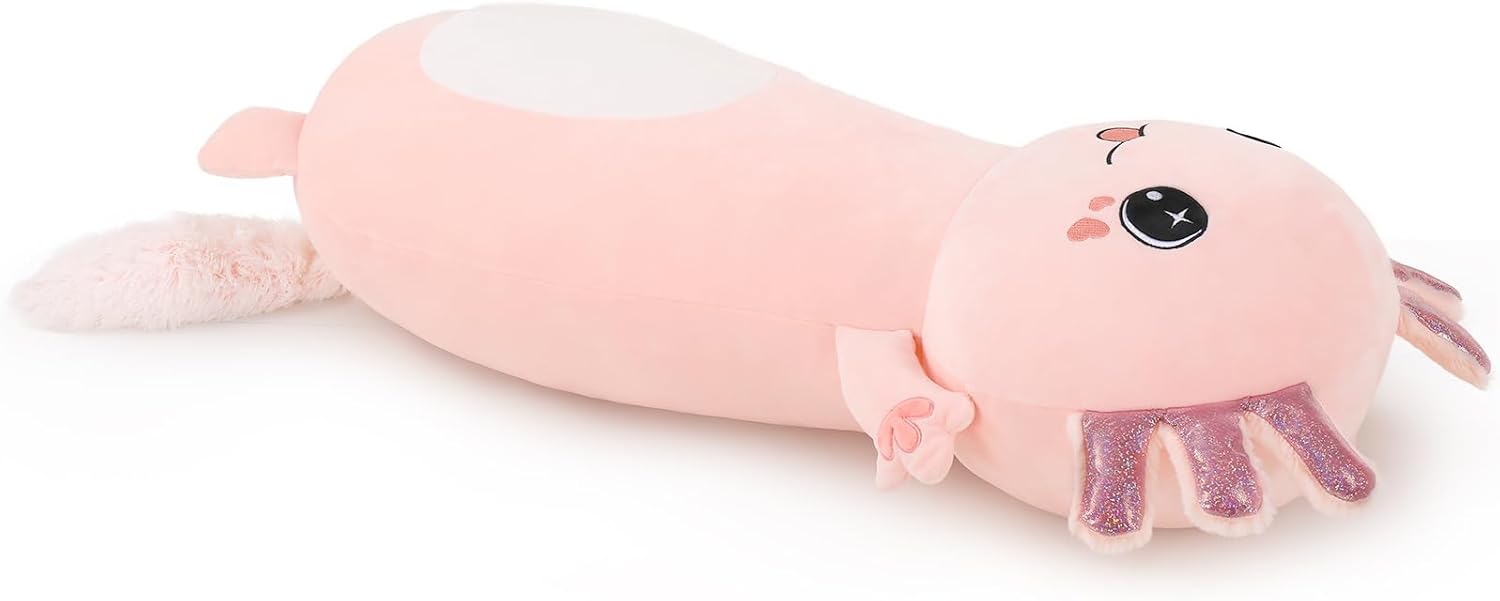 Bonita almohada corporal de ajolote rosa, regalo para niñas, 35 pulgadas de largo, almohada de abrazo para adultos, regalo para el día de San