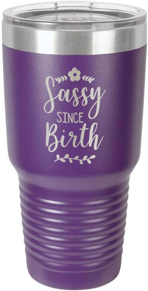 SASSY SINCE BIRTH – Vaso morado de 30 onzas con popote y tapa superior deslizante  Taza de viaje de acero inoxidable  Comparar con Yeti Rambler