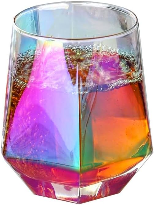 Juego de copas de vino de 1 (10 onzas), copas de vino sin tallo de diamante, cristalería iridiscente, vasos de whisky de cristal, perfectos para una