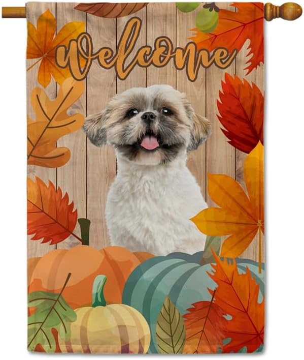 Bandera de bienvenida para otoño, decoración de perro, bandera de casa Shih Tzu, hojas de arce, calabazas, bandera de cosecha para patio al aire