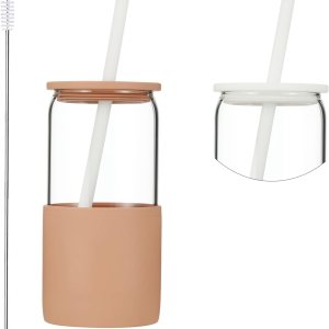 Sunseeke Vaso de vidrio con popote y tapa, taza de café helado de 16 onzas, cepillos de limpieza de fundas de silicona, vasos para agua, café Sunseeke Vaso de vidrio con popote y tapa, taza de café helado de 16 onzas, cepillos de limpieza de fundas de silicona, vasos para agua, café