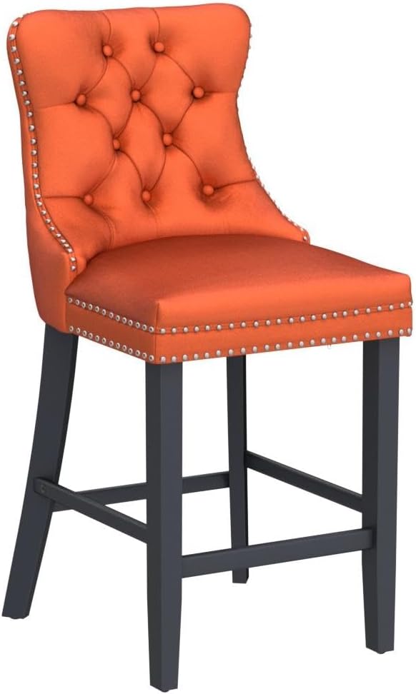 SoarFlash Juego de 2 taburetes de bar tapizados de terciopelo modernos con patas de madera, botones acolchados, cabeza de clavo cromada, asiento de