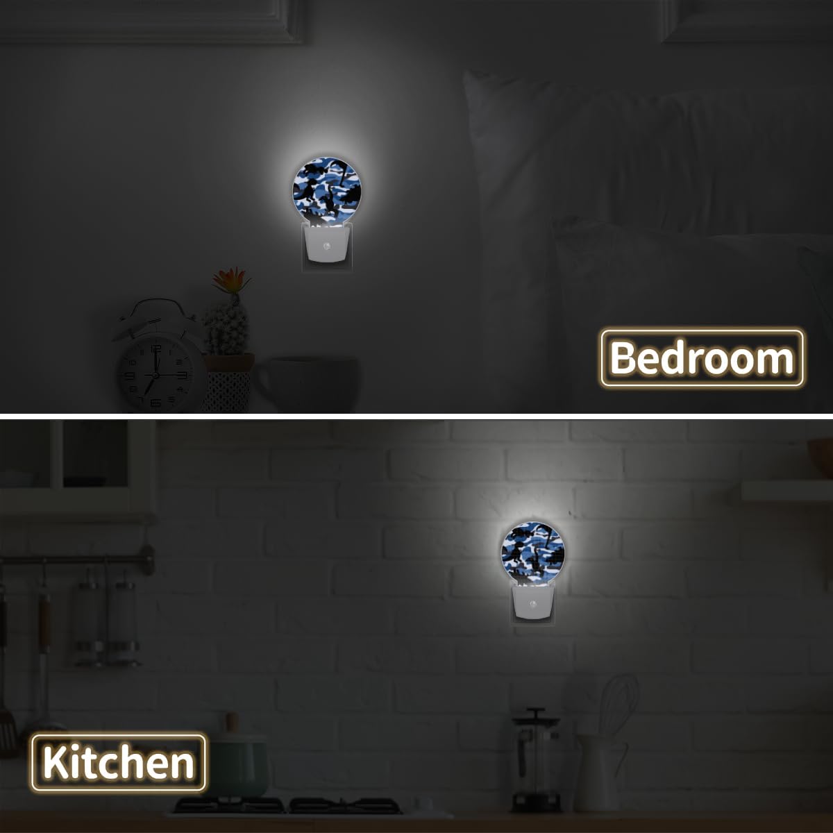 Juego de 2 luces nocturnas de dinosaurio de camuflaje para enchufar a la pared, con sensor automático del anochecer al amanecer, lámparas LED de