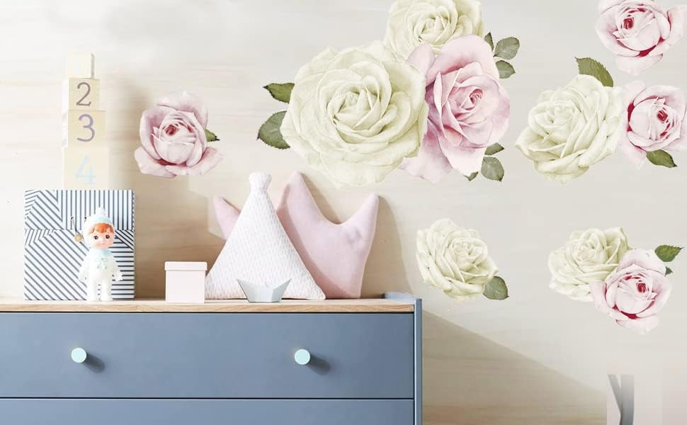 Calcomanías de pared de rosas de acuarela (acuarela rosa y blanca)