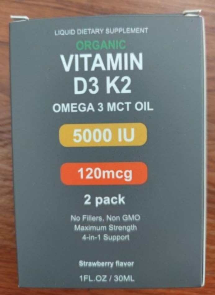 Gotas orgánicas de vitamina D3 + K2 sin OMG con Omega 3 incluye 5000 UI de vitamina D3 para una máxima fuerza, absorción más rápida y una inmunidad