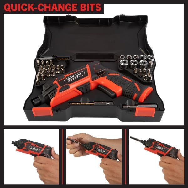 Stalwart – Juego de destornilladores eléctricos de 4 V, 45 piezas, pistola de tornillo recargable inalámbrica de 4.5 Nm 250 RPM con agarre de doble