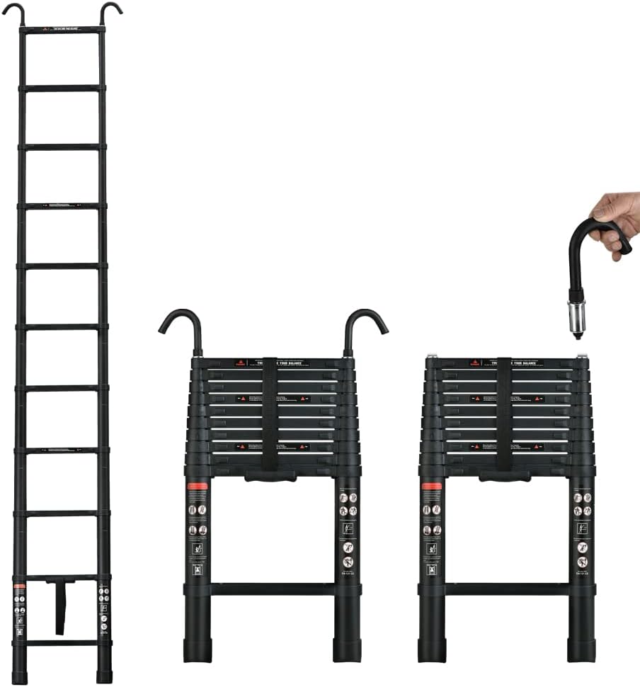 Escalera telescópica de aluminio de 12.5 pies con 2 ganchos desmontables, escalera plegable ligera portátil multiusos para exteriores, hogar,