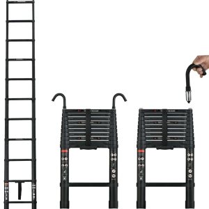 Escalera telescópica de aluminio de 12.5 pies con 2 ganchos desmontables, escalera plegable ligera portátil multiusos para exteriores, hogar, Escalera telescópica de aluminio de 12.5 pies con 2 ganchos desmontables, escalera plegable ligera portátil multiusos para exteriores, hogar,