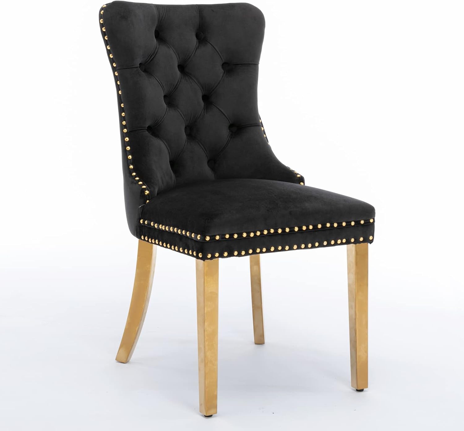 HABITRIO Juego de 2 sillas de comedor, sillas laterales tapizadas de madera maciza con patas de acero inoxidable chapado en oro, cabeza de clavo y