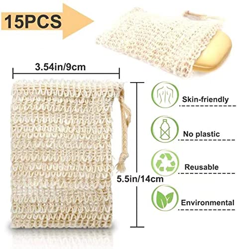 15 bolsas ahorradoras de jabón natural de sisal exfoliante bolsa de jabón con cordón para ducha y baño, 5.5 x 3.5 pulgadas