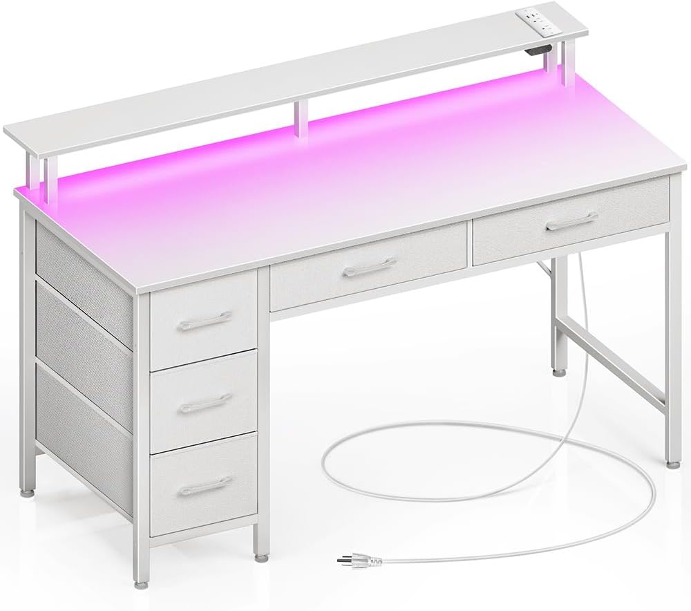Seventable Escritorio para computadora con tomas de corriente y luz LED, escritorio de oficina en casa de 55 pulgadas con 5 cajones, escritorio con