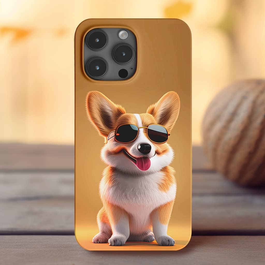 Lindo Corgi cachorro con gafas de sol amarillo para iPhone 14 Pro Max Descripción de la caja del teléfono, paquete completo de pintura en aerosol,