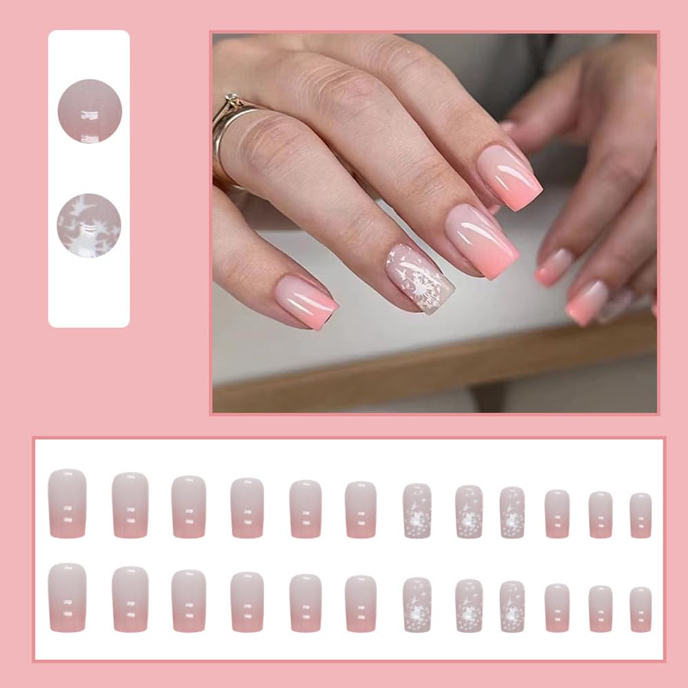 SHANRUN – Juego de 24 uñas postizas a presión color rosa nude, cuadradas, medianas, brillantes, con diseño, cobertura completa, uñas postizas