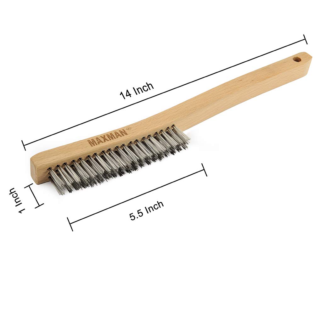 Cepillo de alambre, cepillo de alambre de acero inoxidable para limpiar el óxido con mango de madera de haya curvado de 14 pulgadas de largo, grande