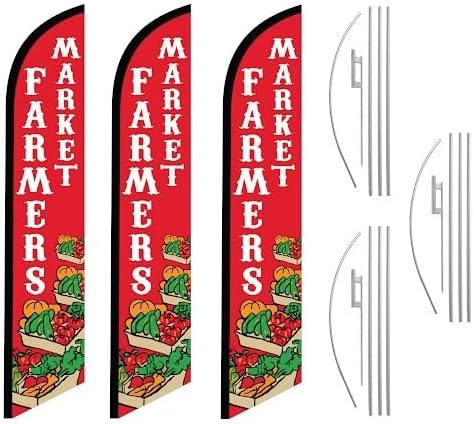 Paquete de tres (3) Banderas y kits de postes Swooper Farmers Market Red White Produce