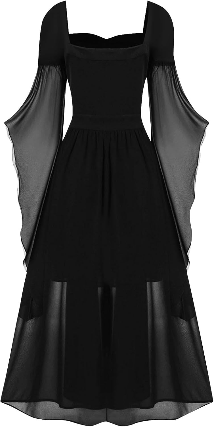 Vestido de Halloween para mujer, casual, talla grande, hombros descubiertos, color sólido, encaje, manga mariposa, vestidos góticos de Halloween