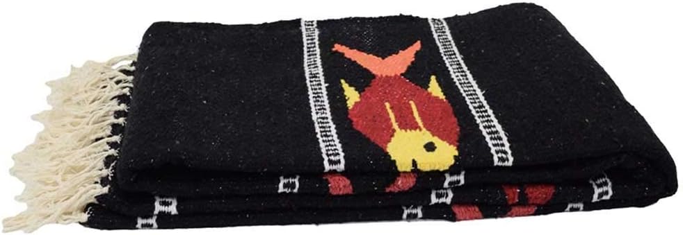Manta de yoga mexicana gruesa de carbónnegrogris, diseño de pez serape, hecha a mano