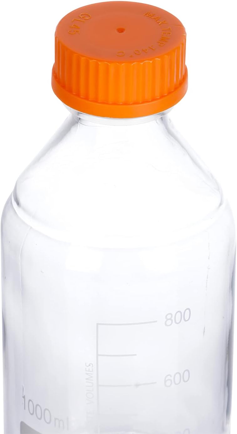 4 piezas 33.8 fl oz graduado redondo reactivo mediosbotella de vidrio de almacenamiento con GL45 naranja polipropileno tapón de rosca