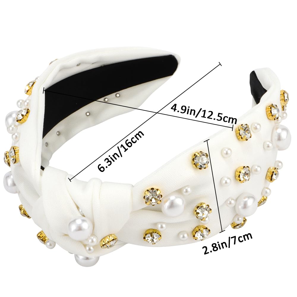 Atoden Diademas anudadas blancas con diamantes de imitación de perlas para mujer, diademas anchas con nudo superior con cuentas, bandas de cabeza