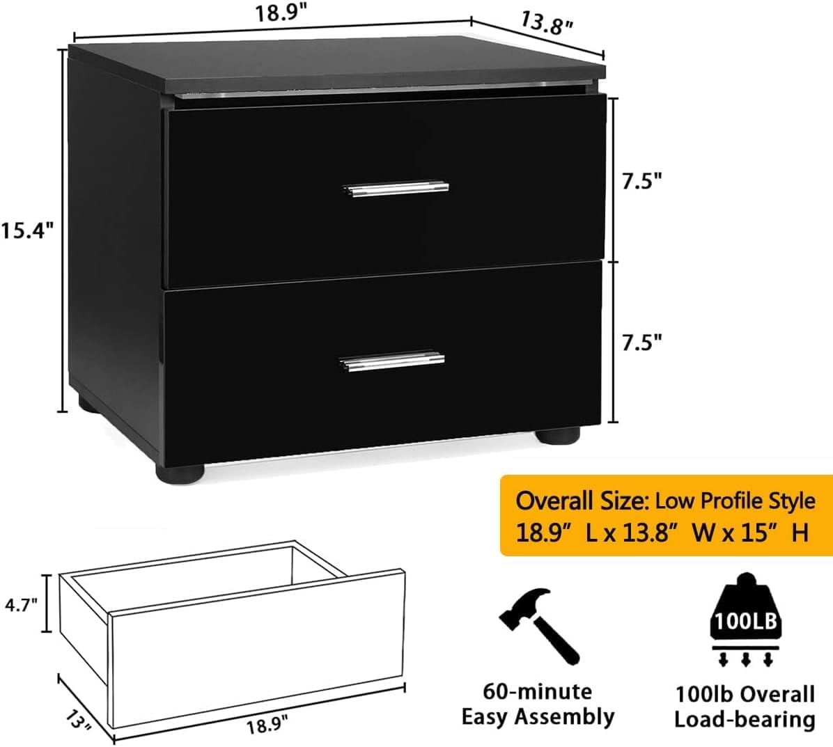HOMMPA Mesita de noche pequeña con 2 cajones, mesita de noche LED negra, mesita de noche moderna con luz LED para dormitorio de niños, mesa de noche