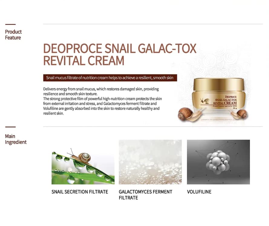 Deoproce Premium Snail Revital Crema Galac-Tox Caracol Secretion Filtrate Cuidado Coreano de la Piel con Galactomyces Ferment Filtrate, Volufiline,