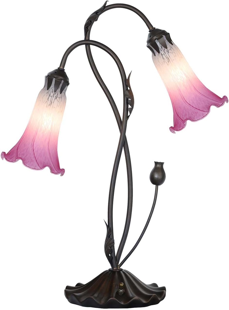 Bieye L10847 Lámpara de mesa de cristal soplado con flores de lirio para decoración de sala de estar y dormitorio (2 luces, rosa)