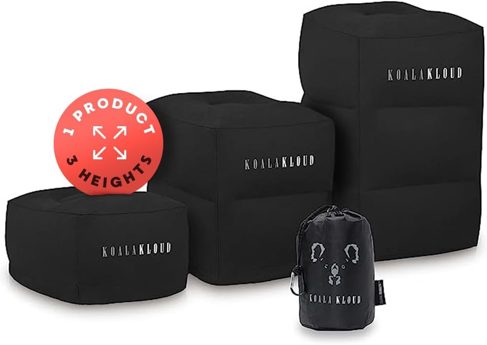 Koala Kloud – Reposapiés de viaje de 3 alturas, almohada inflable gris, reposapiés de avión para vuelos, asiento de automóvil, cama de avión para
