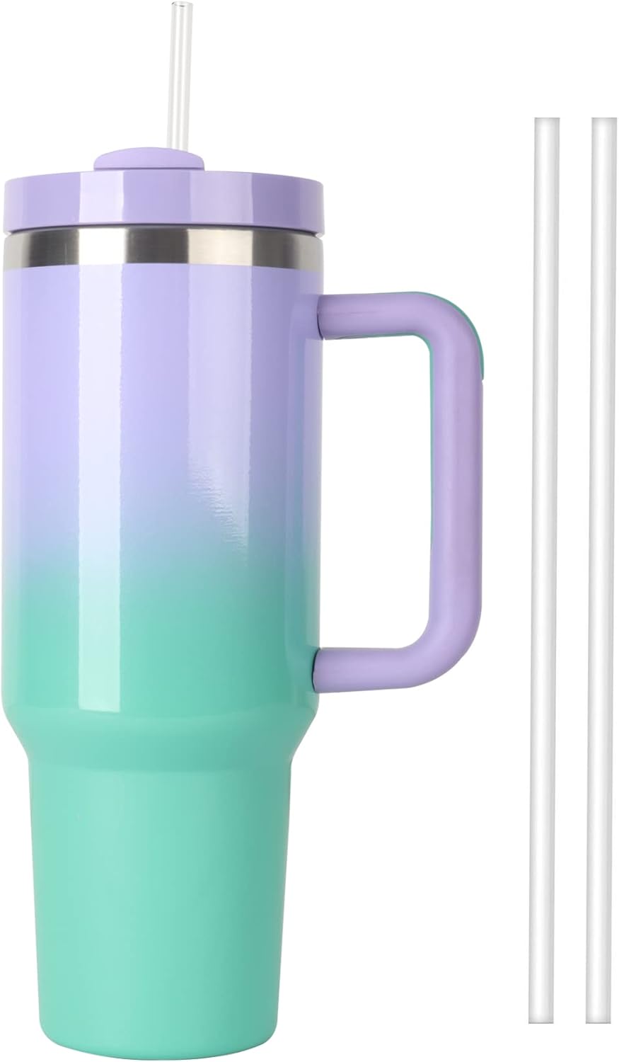 Vaso aislado al vacío 2.0 reutilizable de 40 onzas con asa, con tapa y pajillas, mantiene el calor frío y el hielo durante horas (verde maronda)