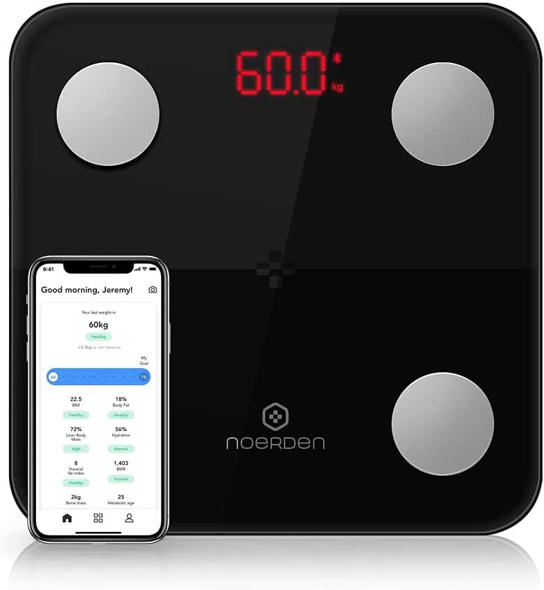 NOERDEN – Báscula corporal inteligente Minimi – Báscula para peso corporal con tecnología Step-On, Bluetooth, pantalla LED, vidrio templado,