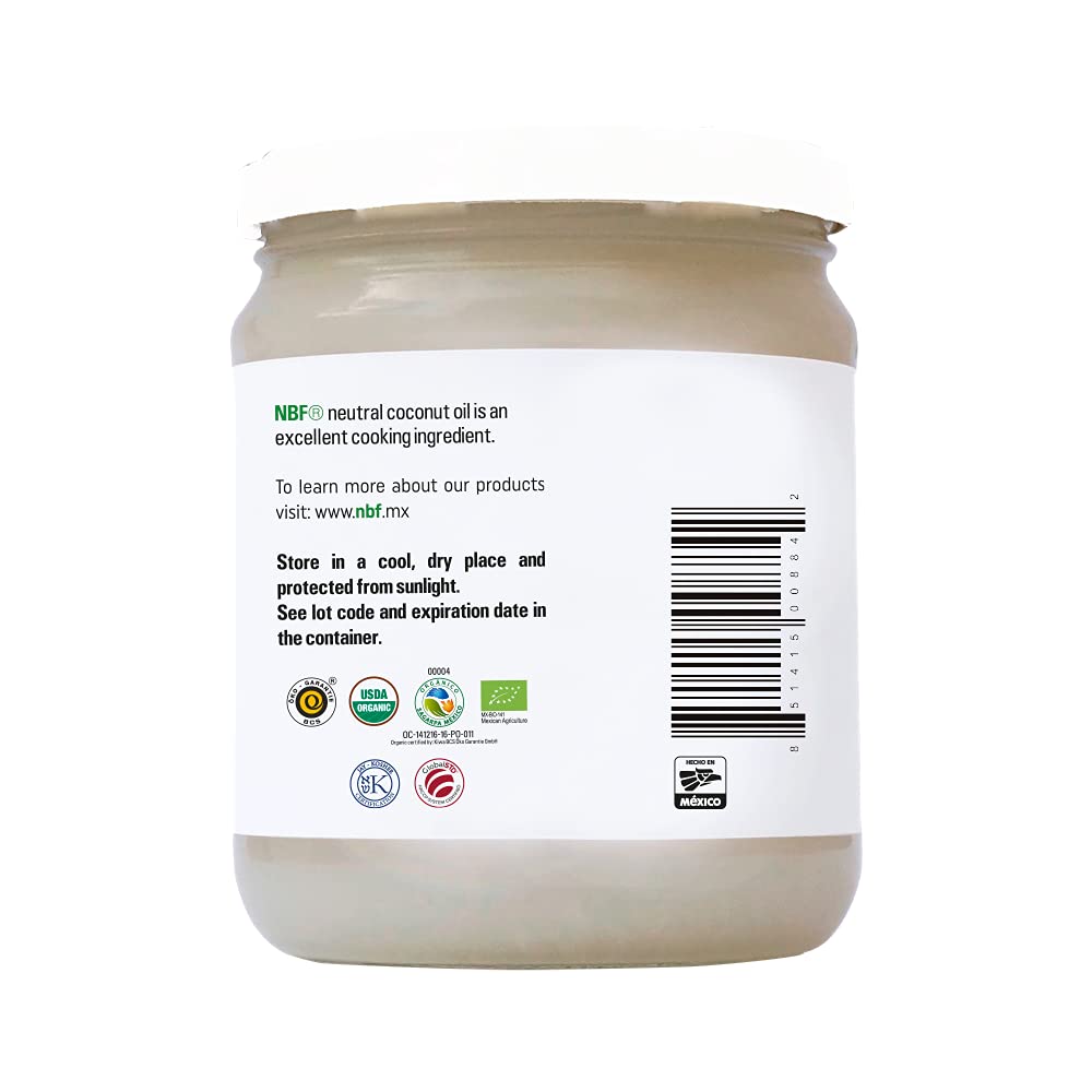 NBF Aceite de coco orgánico, sin sabor ni olor, sin OMG, prensado en frío, naturalmente refinado, sabor y aroma neutros, (16 onzas líquidas)