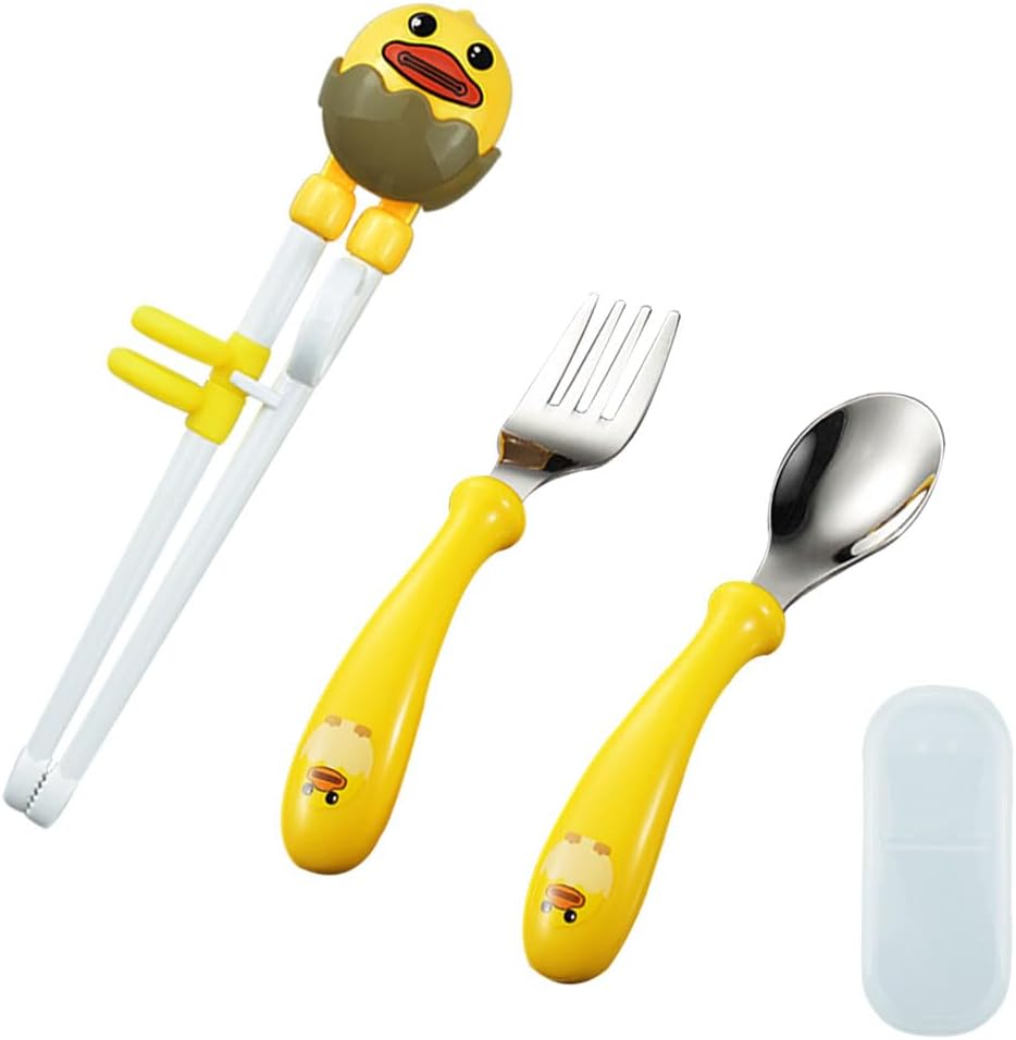 Juego de palillos para niños, juego de palillos de entrenamiento para niños y principiantes, juego de palillos de pato amarillo, cuchara, tenedor y