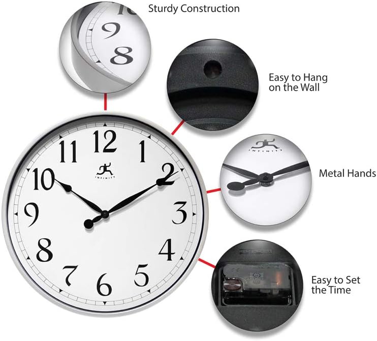 Infinity Instruments – Reloj redondo grande de 18 pulgadas, sin tictac, funciona con pilas, fácil de leer, para oficina, aula, escuela, color