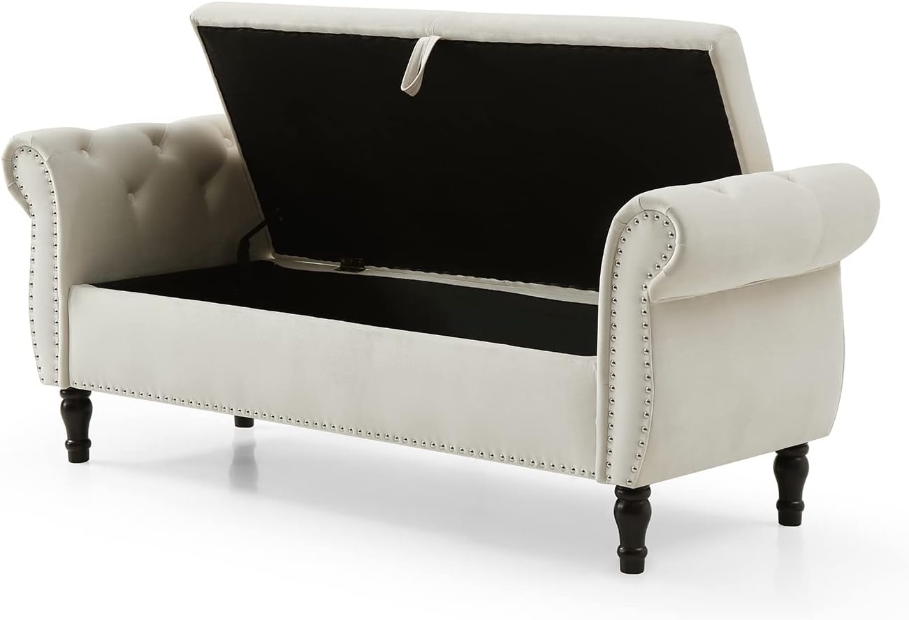 KINFFICT Banco de almacenamiento tapizado de terciopelo, beige, marco de madera de caucho, amplio espacio de almacenamiento, diseño elegante, uso