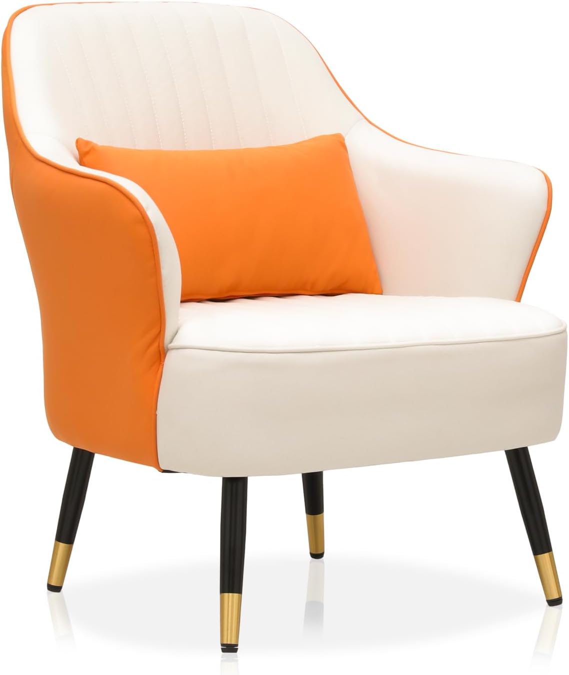 MoNiBloom Mid-Century – Silla moderna y cómoda con brazo para dormitorio y sala de estar, silla tapizada de cuero blanconaranja con almohada lumbar