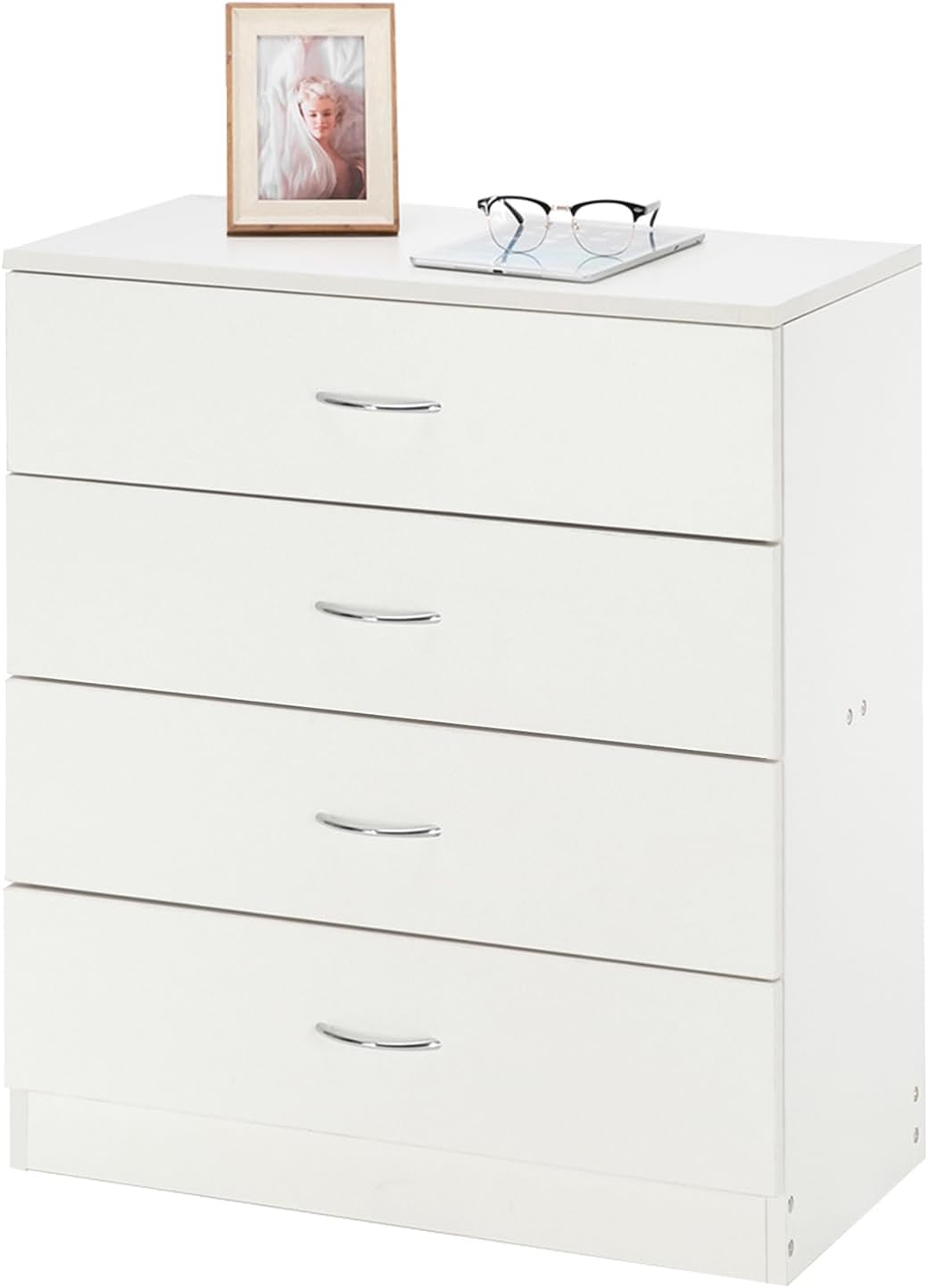 Imseigo Mesita de noche blanca con 4 cajones, mesita de noche blanca para dormitorio con mango de metal, mesa auxiliar de sofá con 4 cajones para