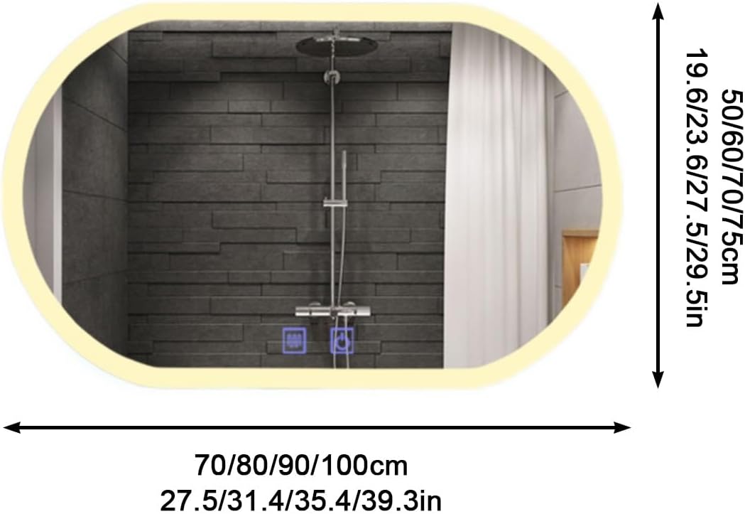 Espejo de baño LED, espejo de pared ovalado sin marco, espejo de tocador con tacto demister, espejo LED iluminado, un solo toque, botón doble
