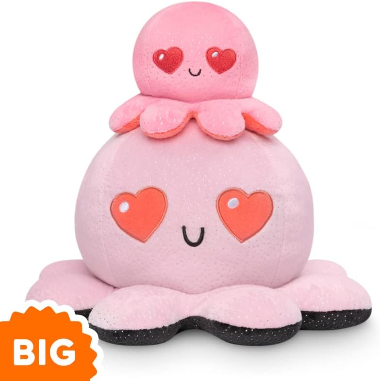TeeTurtle – Peluche original reversible de pulpo grande – Ojos de corazón rosa + brillo negro – Juguete sensorial abrazable y suave que muestra tu