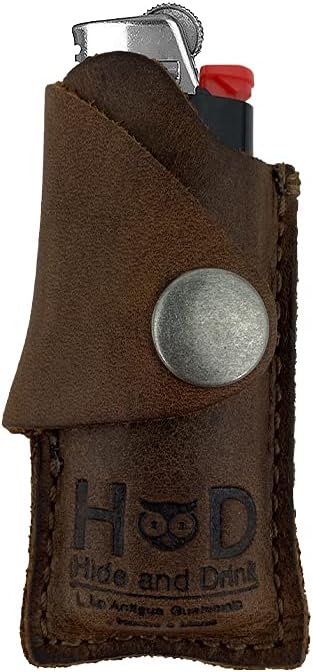 Hide & Drink, Funda protectora para encendedor de cuero rústico hecha a mano (marrón borbon)