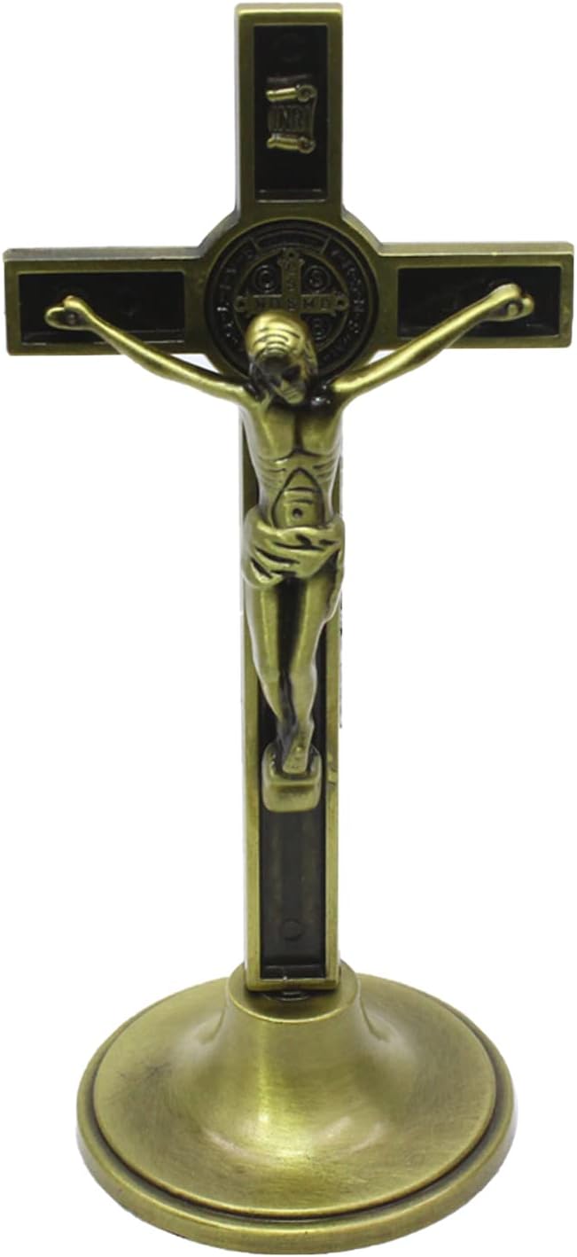 Crucifijo de pie con soporte desmontable, 4.5 pulgadas de metal católico de Jesucristo Cruz de Jesús estatua escultura para el hogar, oficina,