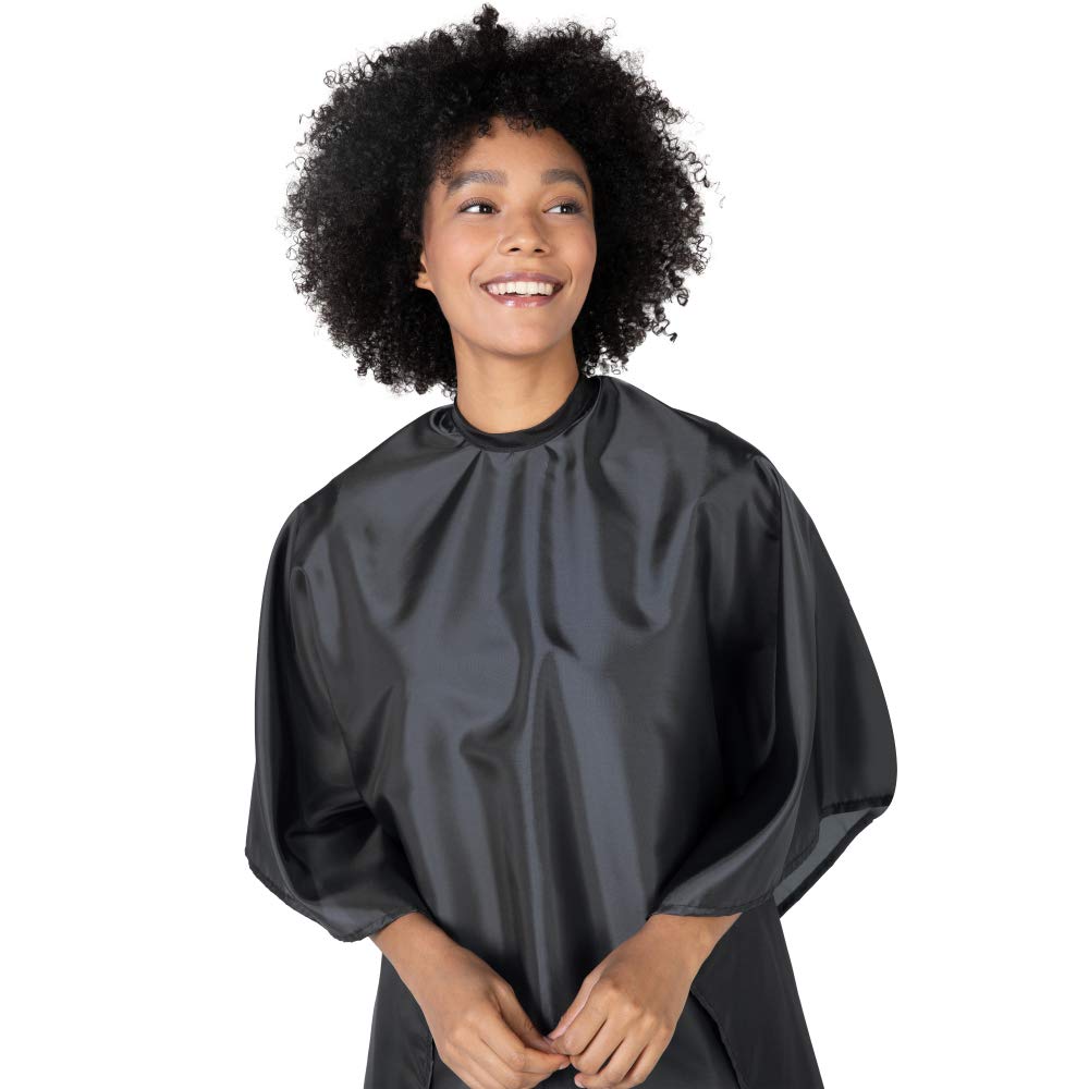 Betty Dain Whisper Styling Cape, tela ligera, nailon resistente al agua, cierre a presión, fácil cuidado, sin arrugas, negro, 45 pulgadas de ancho x